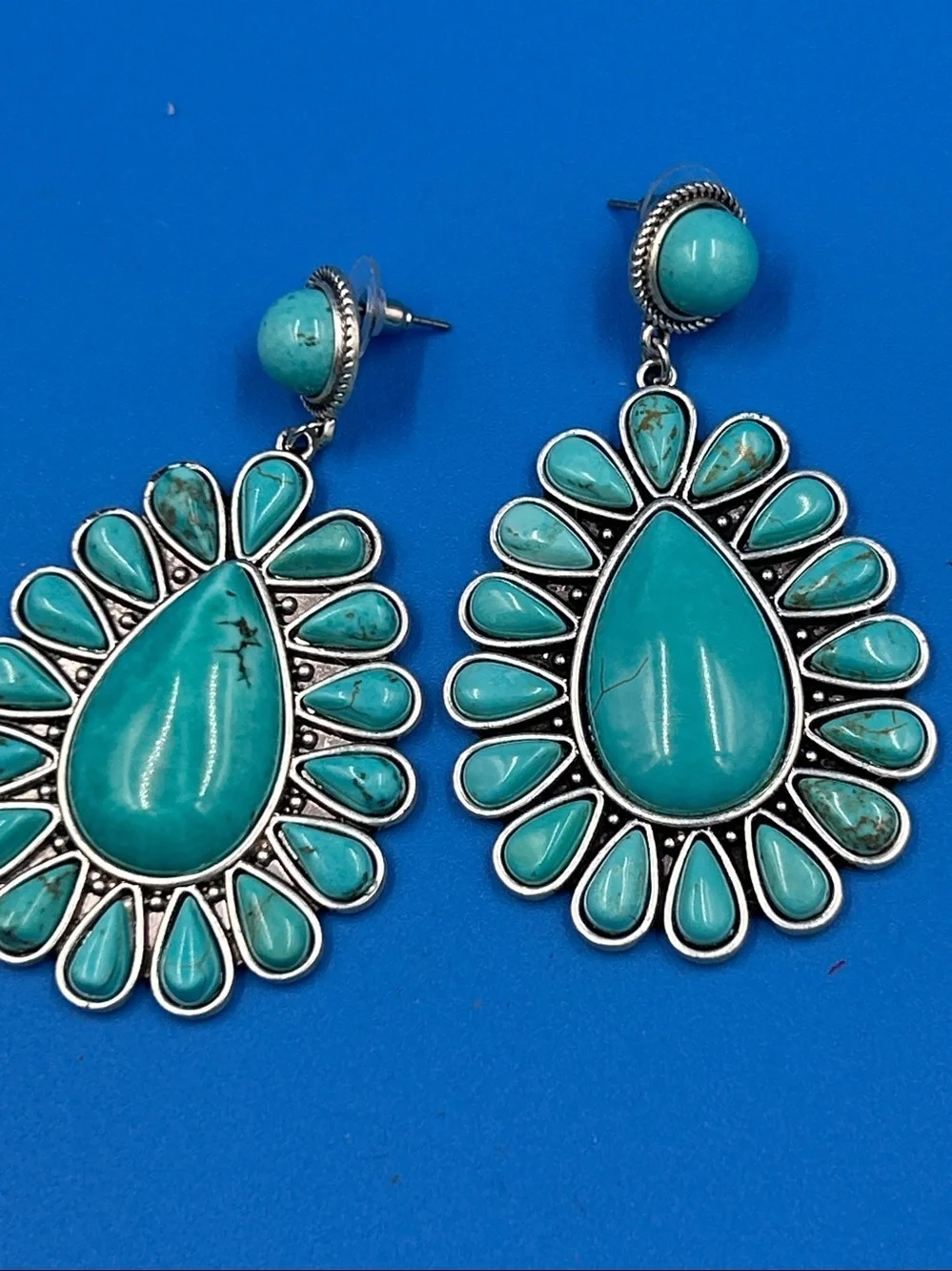 Turquoise Teardrop Sunburst Earrings - Silver Accent